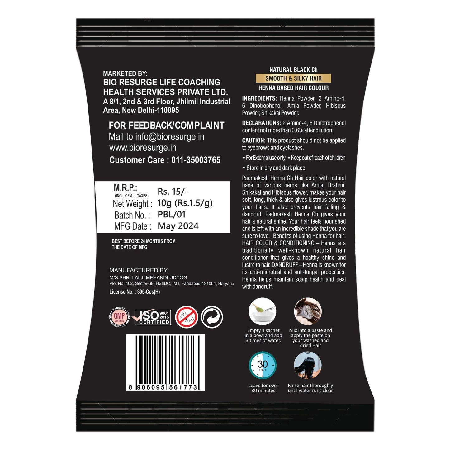 Bio Resurge Padmakesh Henna Hair Dye for All Types of Hairs: One piece MRP (Inclusive of all taxes):Rs 15/- Net Weight 15gm, Black CH: 15gm