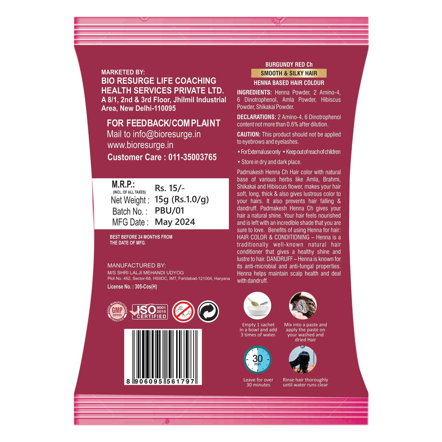 Bio Resurge Padmakesh Henna Hair Dye for All Types of Hairs: One piece MRP (Inclusive of all taxes):Rs 15/- Net Weight 15gm, Black CH: 15gm