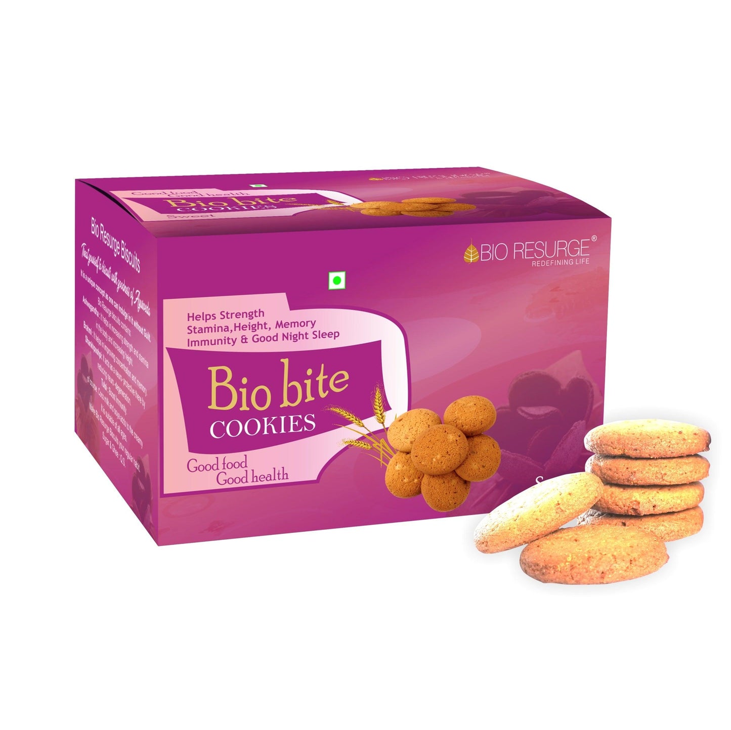 Bio Resurge Healthy Biscuits meeting your Nutritional Requirements : One piece MRP (Inclusive of all taxes):Rs.140/- Net Weight 100gm