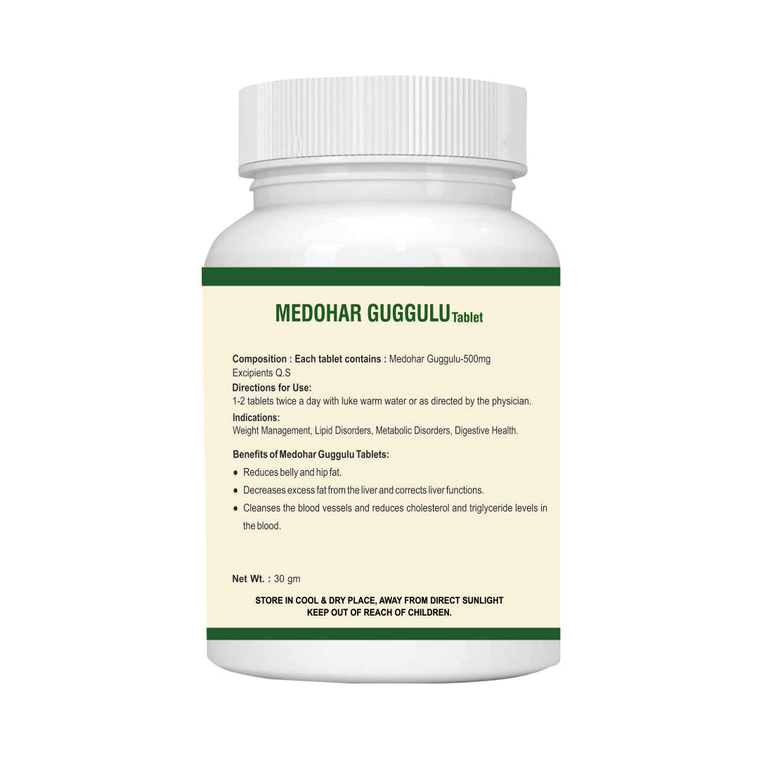 Medohar Guggulu Tablet for Weight Mabagement: One Bottle MRP (Inclusive of all taxes):Rs.360/- Net Weight 30gm/