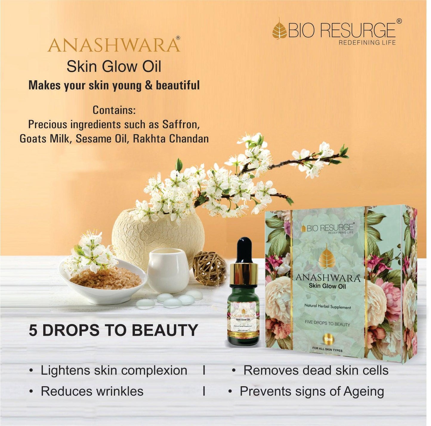 Skin Glow Oil - Enriched with Saffronn Five Drops to Glow Skin:One piece MRP (Inclusive of all taxes):Rs.2400/- Net Weight 10ml