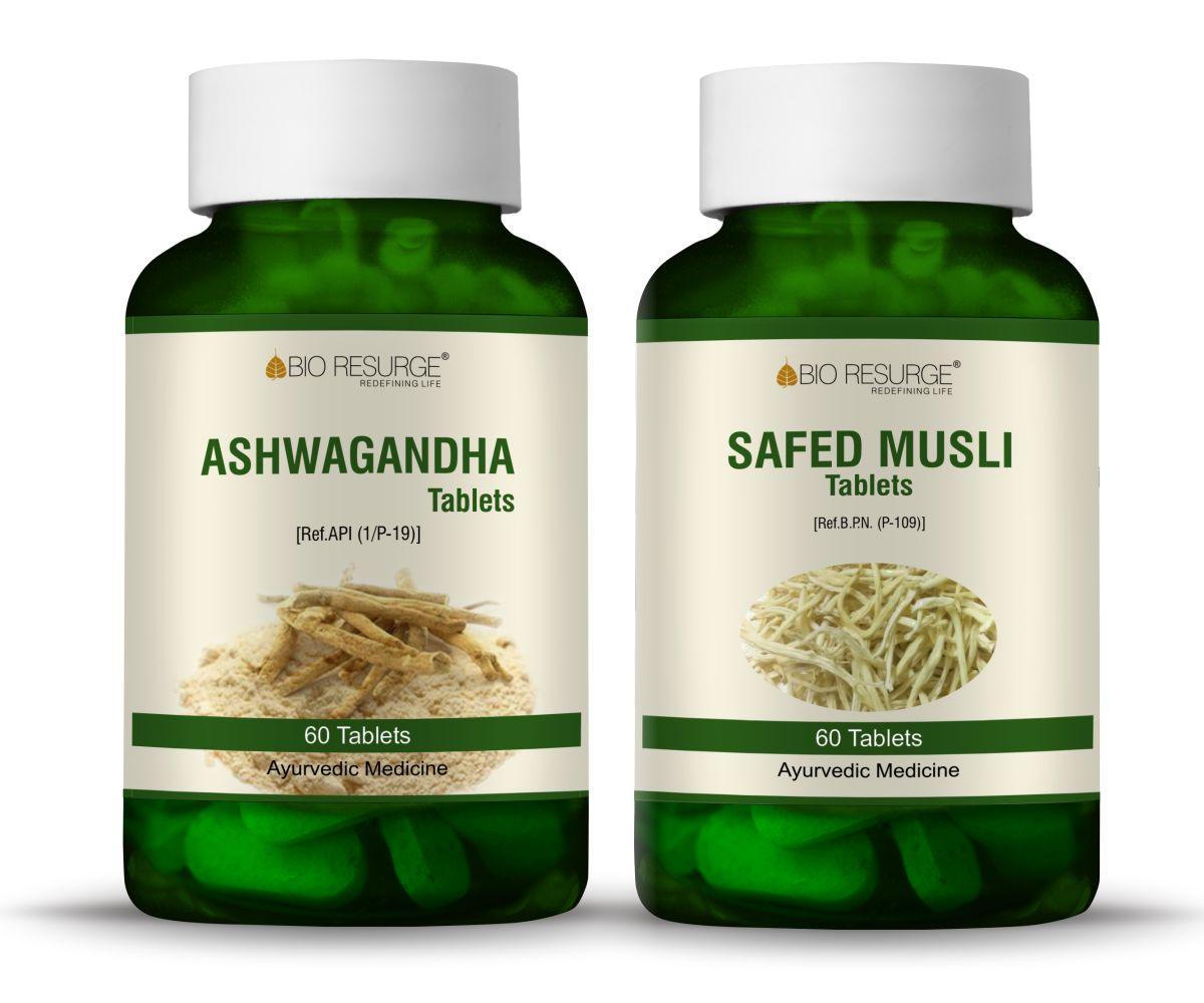 Bio Resurge Ashwagandha &  Safed Musli REDUCE STRESS AND INCREASE SPERM COUNT Tablet -750 mg (120 Tablets):  MRP(Inclusive of all taxes):Rs.560/- Net Weight 90gm/